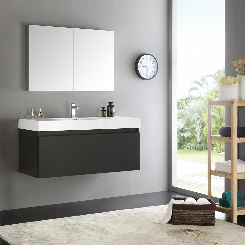 Fresca Mezzo 48" Black Wall Hung Modern Bathroom Vanity w/ Medicine Cabinet - Luxe Bathroom Vanities