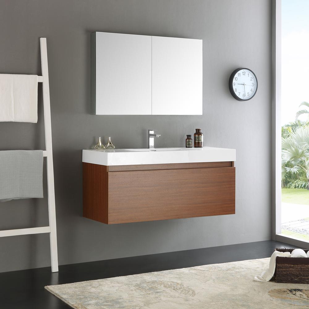Fresca Mezzo 48" Teak Wall Hung Modern Bathroom Vanity w/ Medicine Cabinet - Luxe Bathroom Vanities
