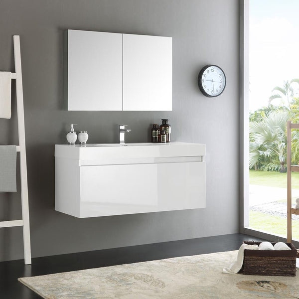 Fresca Mezzo 48" White Wall Hung Modern Bathroom Vanity w/ Medicine Cabinet - Luxe Bathroom Vanities