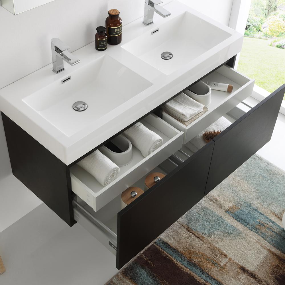 Fresca Mezzo 48" Black Wall Hung Double Sink Modern Bathroom Vanity w/ Medicine Cabinet - Luxe Bathroom Vanities