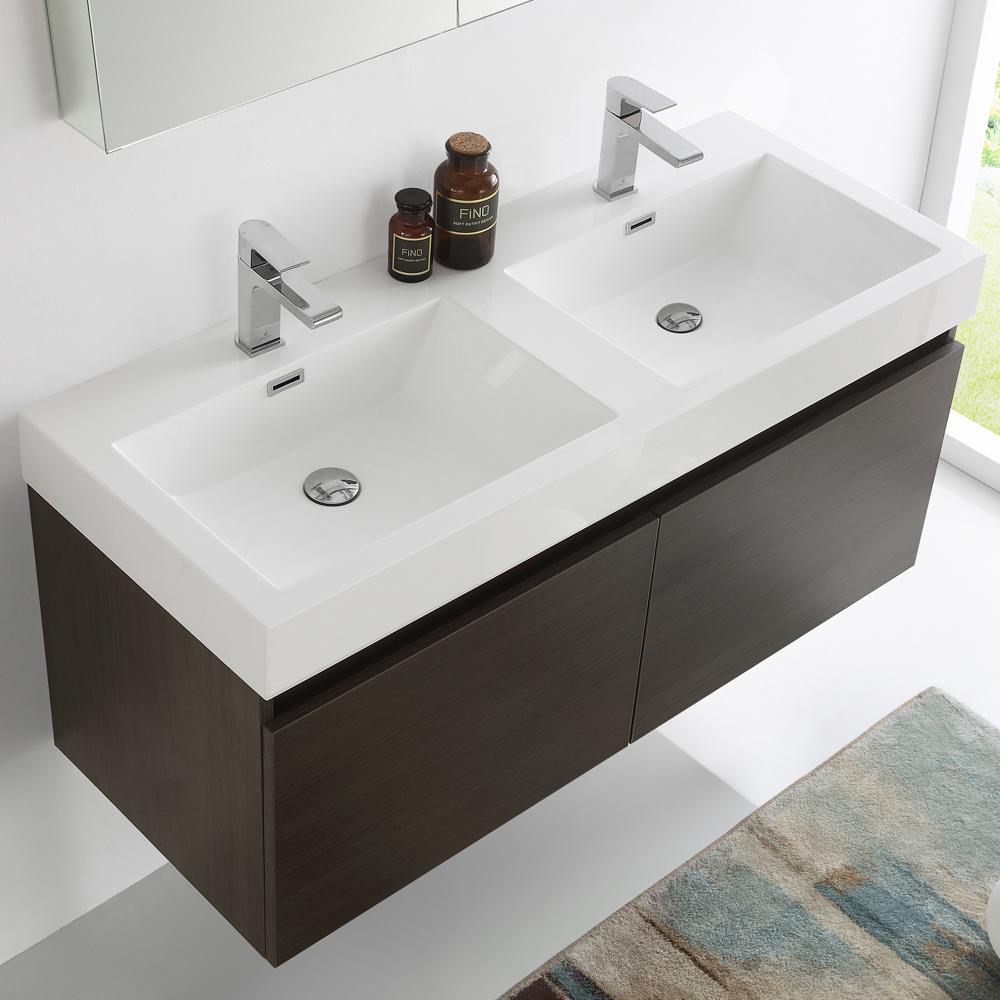Fresca Mezzo 48" Gray Oak Wall Hung Double Sink Modern Bathroom Vanity w/ Medicine Cabinet - Luxe Bathroom Vanities