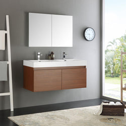 Fresca Mezzo 48" Teak Wall Hung Double Sink Modern Bathroom Vanity w/ Medicine Cabinet - Luxe Bathroom Vanities