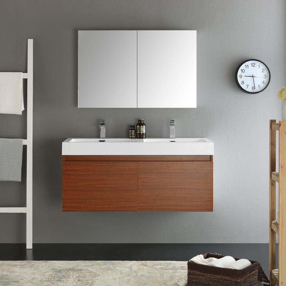 Fresca Mezzo 48" Teak Wall Hung Double Sink Modern Bathroom Vanity w/ Medicine Cabinet - Luxe Bathroom Vanities
