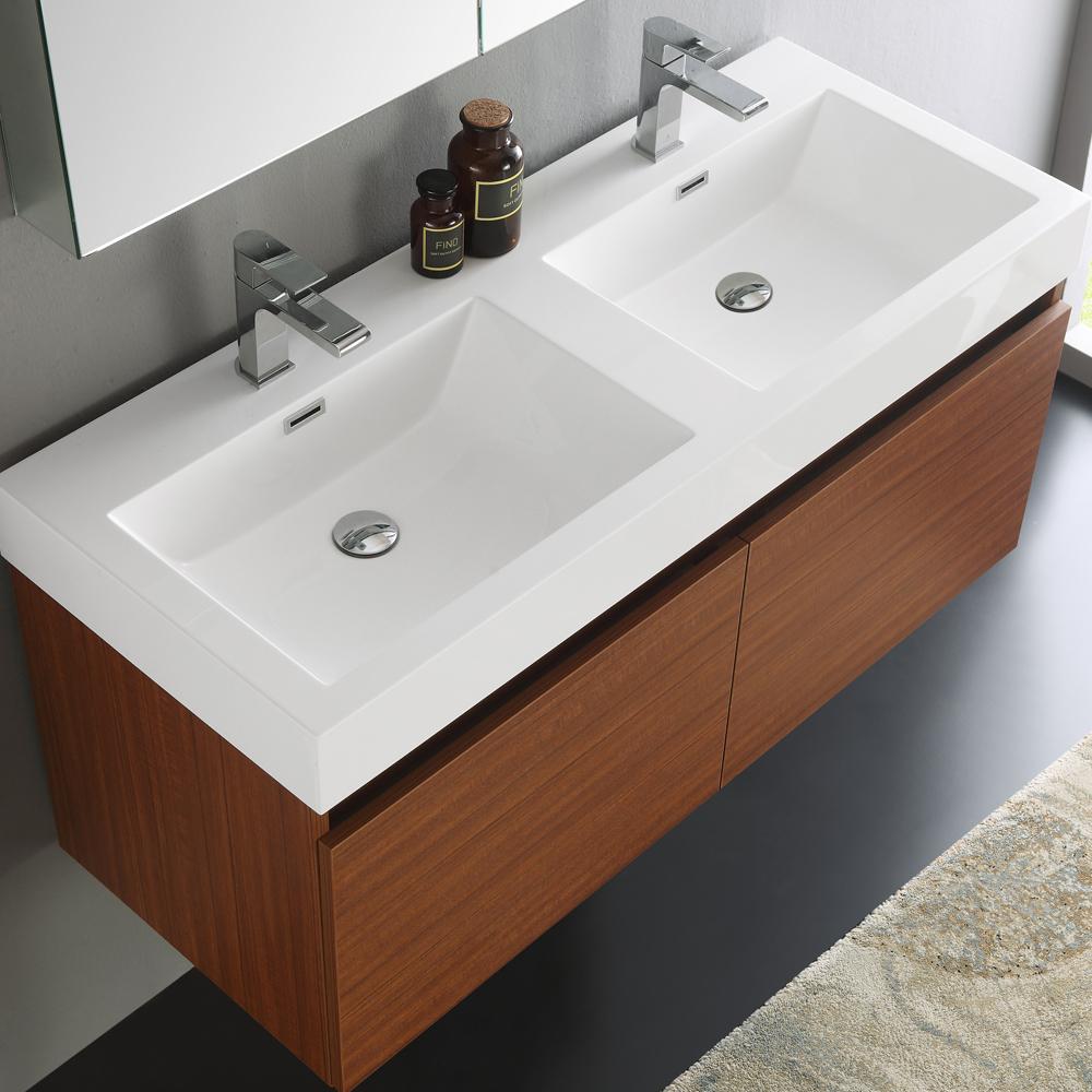 Fresca Mezzo 48" Teak Wall Hung Double Sink Modern Bathroom Vanity w/ Medicine Cabinet - Luxe Bathroom Vanities