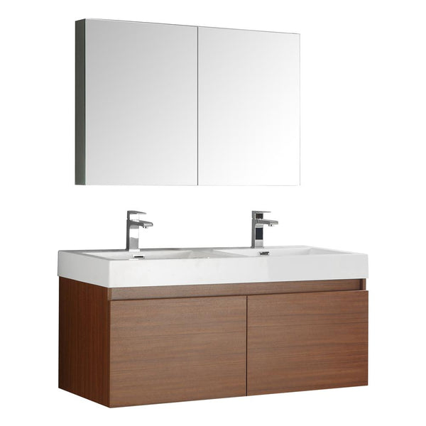 Fresca Mezzo 48" Teak Wall Hung Double Sink Modern Bathroom Vanity w/ Medicine Cabinet - Luxe Bathroom Vanities