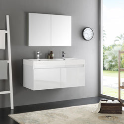 Fresca Mezzo 48" White Wall Hung Double Sink Modern Bathroom Vanity w/ Medicine Cabinet - Luxe Bathroom Vanities
