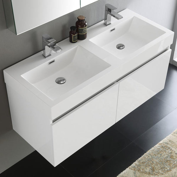 Fresca Mezzo 48" White Wall Hung Double Sink Modern Bathroom Vanity w/ Medicine Cabinet - Luxe Bathroom Vanities