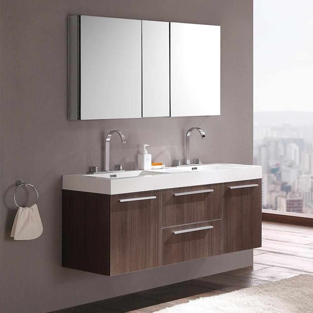 Fresca Opulento 54" Gray Oak Modern Double Sink Bathroom Vanity w/ Medicine Cabinet - Luxe Bathroom Vanities