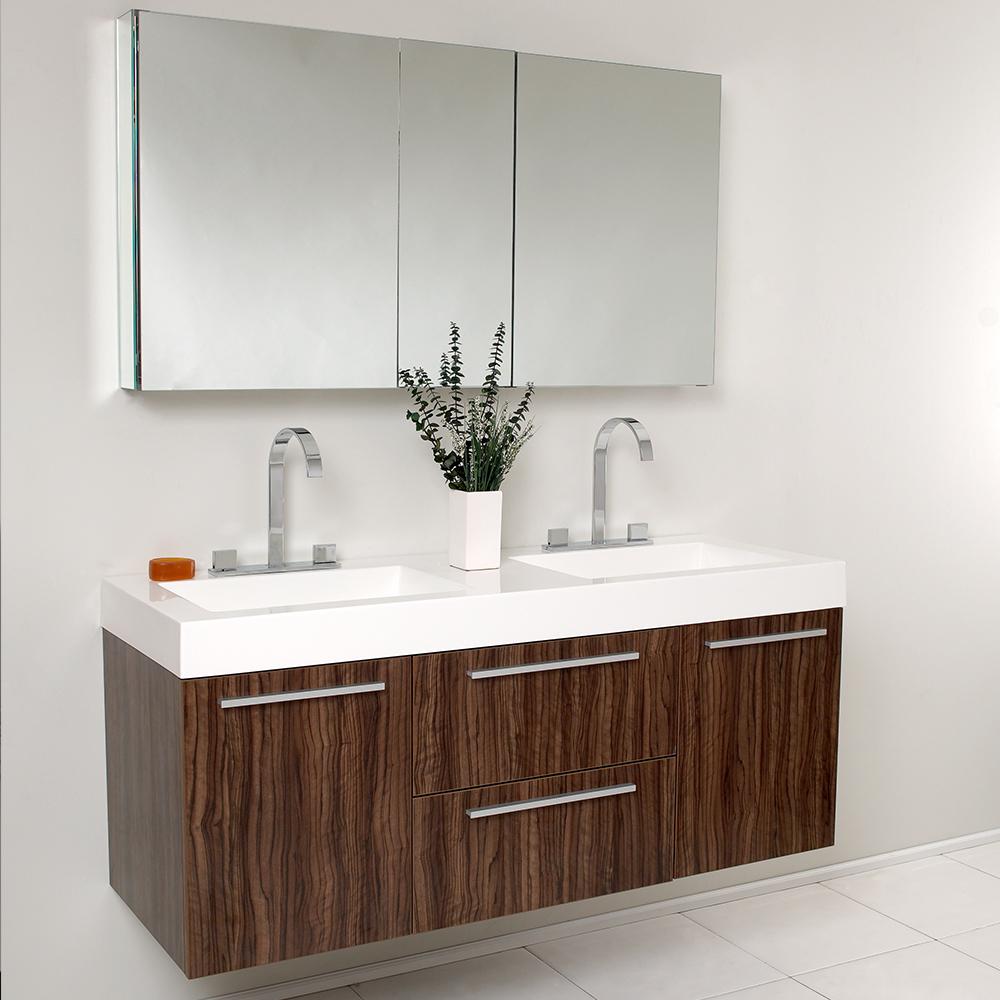 Fresca Opulento 54" Walnut Modern Double Sink Bathroom Vanity w/ Medicine Cabinet - Luxe Bathroom Vanities