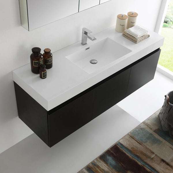 Fresca Mezzo 60" Black Wall Hung Single Sink Modern Bathroom Vanity w/ Medicine Cabinet - Luxe Bathroom Vanities