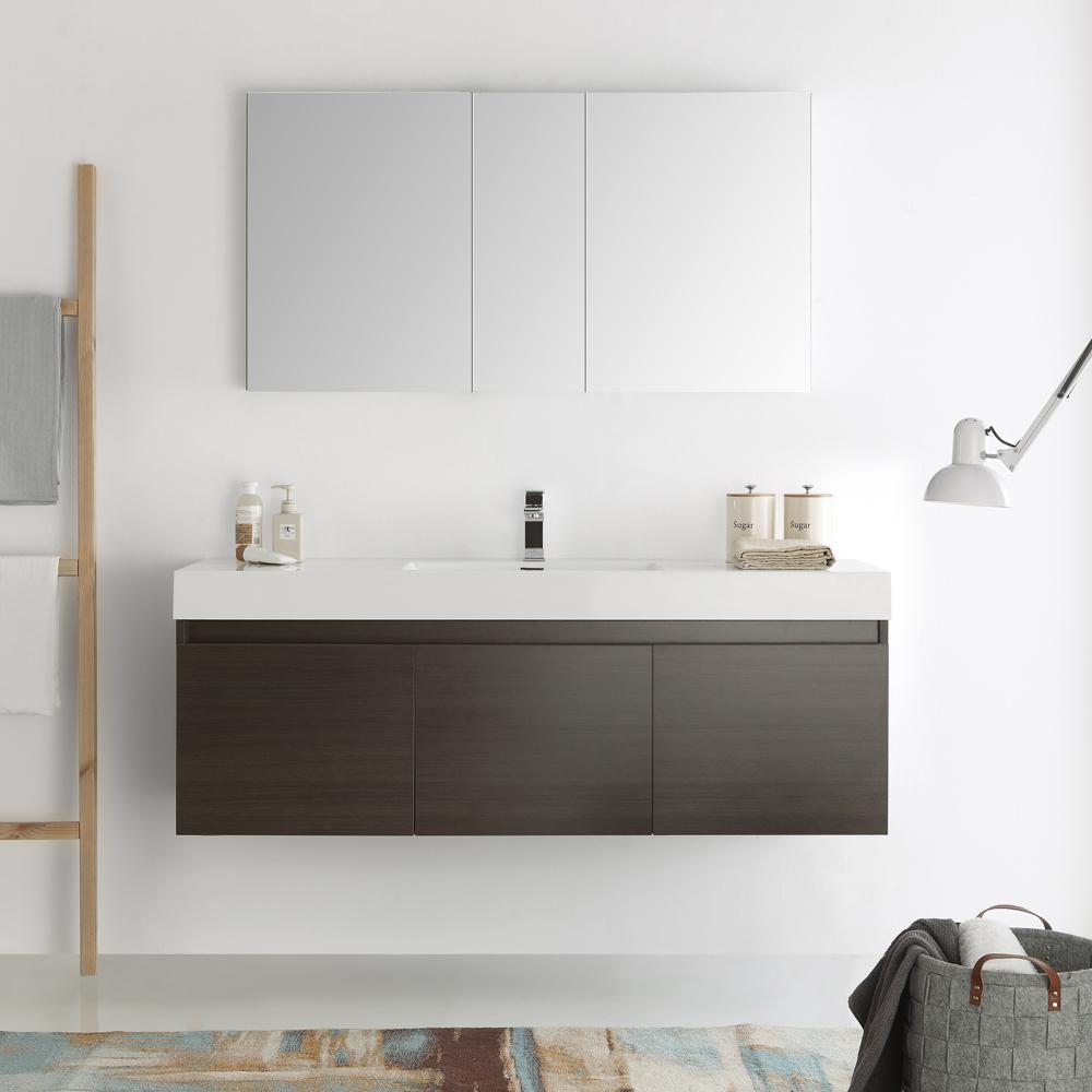 Fresca Mezzo 60" Gray Oak Wall Hung Single Sink Modern Bathroom Vanity w/ Medicine Cabinet - Luxe Bathroom Vanities
