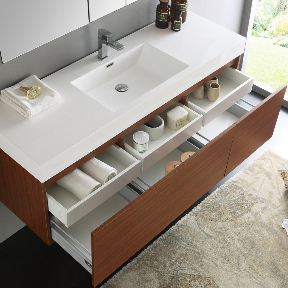 Fresca Mezzo 60" Teak Wall Hung Single Sink Modern Bathroom Vanity w/ Medicine Cabinet - Luxe Bathroom Vanities