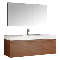 Fresca Mezzo 60" Teak Wall Hung Single Sink Modern Bathroom Vanity w/ Medicine Cabinet - Luxe Bathroom Vanities