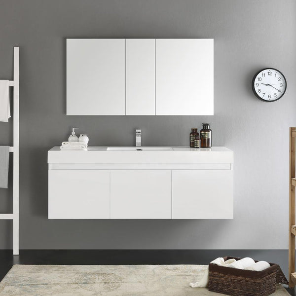 Fresca Mezzo 60" White Wall Hung Single Sink Modern Bathroom Vanity w/ Medicine Cabinet - Luxe Bathroom Vanities