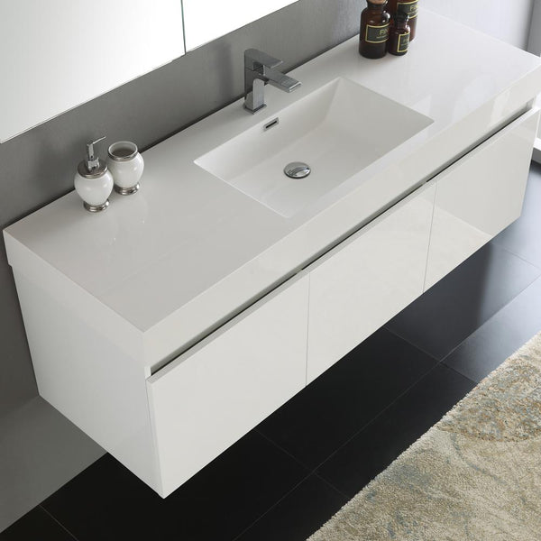 Fresca Mezzo 60" White Wall Hung Single Sink Modern Bathroom Vanity w/ Medicine Cabinet - Luxe Bathroom Vanities