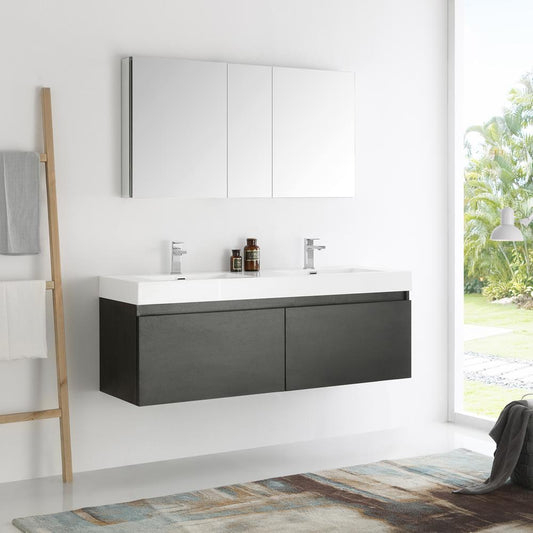 Fresca Mezzo 60" Black Wall Hung Double Sink Modern Bathroom Vanity w/ Medicine Cabinet - Luxe Bathroom Vanities