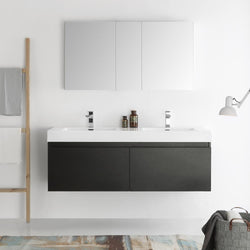 Fresca Mezzo 60" Black Wall Hung Double Sink Modern Bathroom Vanity w/ Medicine Cabinet - Luxe Bathroom Vanities