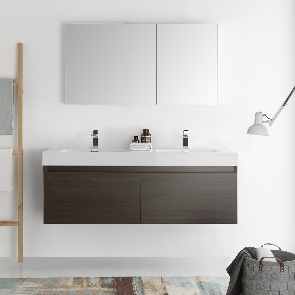 Fresca Mezzo 60" Gray Oak Wall Hung Double Sink Modern Bathroom Vanity w/ Medicine Cabinet - Luxe Bathroom Vanities