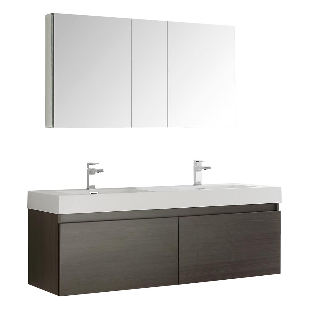 Fresca Mezzo 60" Gray Oak Wall Hung Double Sink Modern Bathroom Vanity w/ Medicine Cabinet - Luxe Bathroom Vanities