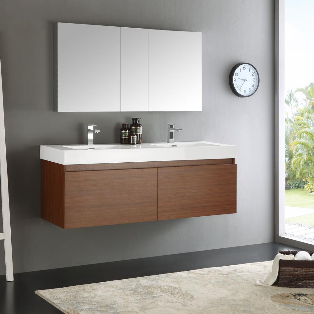 Fresca Mezzo 60" Teak Wall Hung Double Sink Modern Bathroom Vanity w/ Medicine Cabinet - Luxe Bathroom Vanities