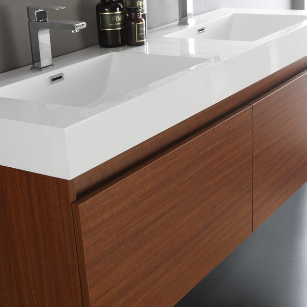 Fresca Mezzo 60" Teak Wall Hung Double Sink Modern Bathroom Vanity w/ Medicine Cabinet - Luxe Bathroom Vanities