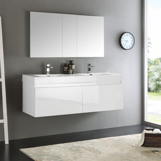 Fresca Mezzo 60" White Wall Hung Double Sink Modern Bathroom Vanity w/ Medicine Cabinet - Luxe Bathroom Vanities