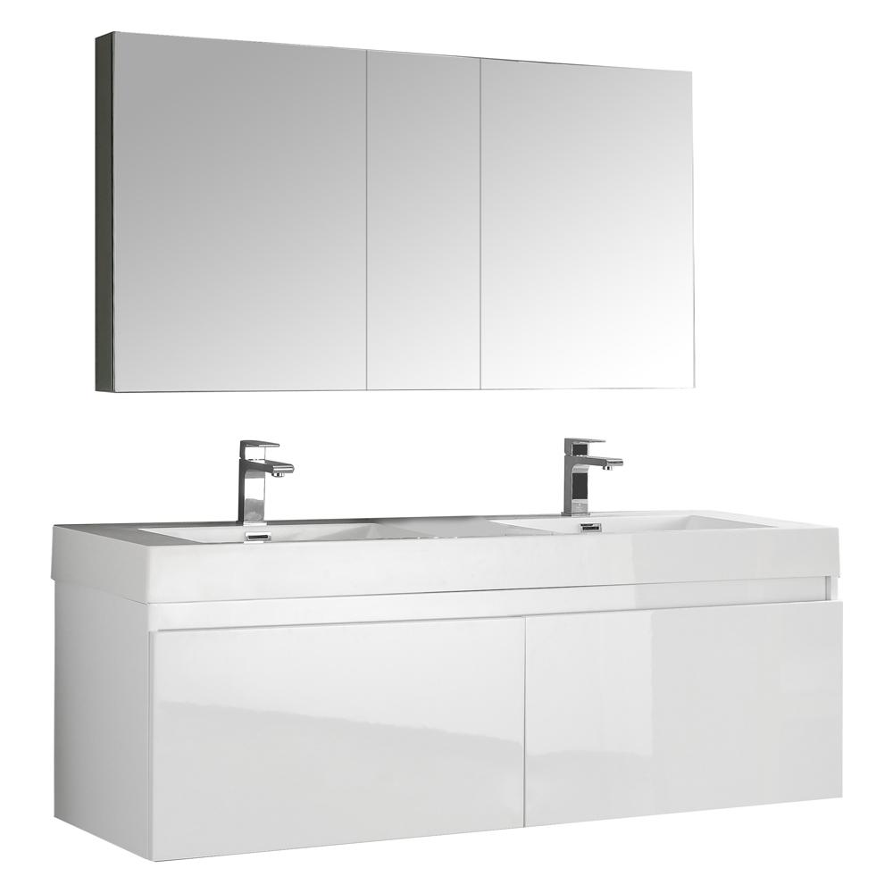 Fresca Mezzo 60" White Wall Hung Double Sink Modern Bathroom Vanity w/ Medicine Cabinet - Luxe Bathroom Vanities