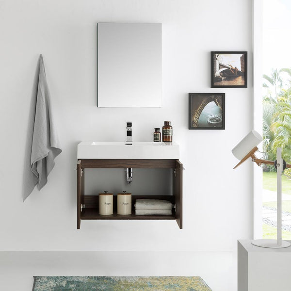 Fresca Vista 30" Walnut Wall Hung Modern Bathroom Vanity w/ Medicine Cabinet - Luxe Bathroom Vanities