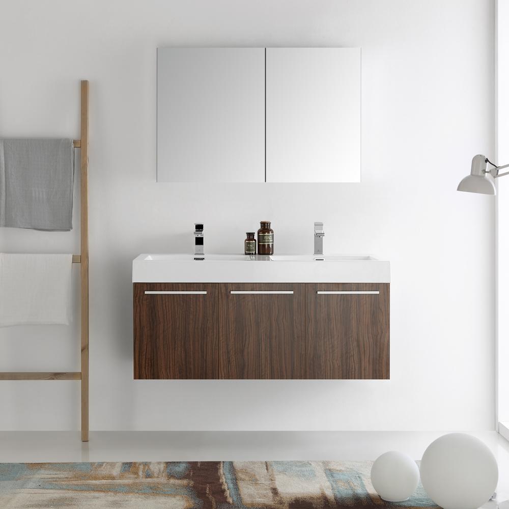 Fresca Vista 48" Walnut Wall Hung Double Sink Modern Bathroom Vanity w/ Medicine Cabinet - Luxe Bathroom Vanities