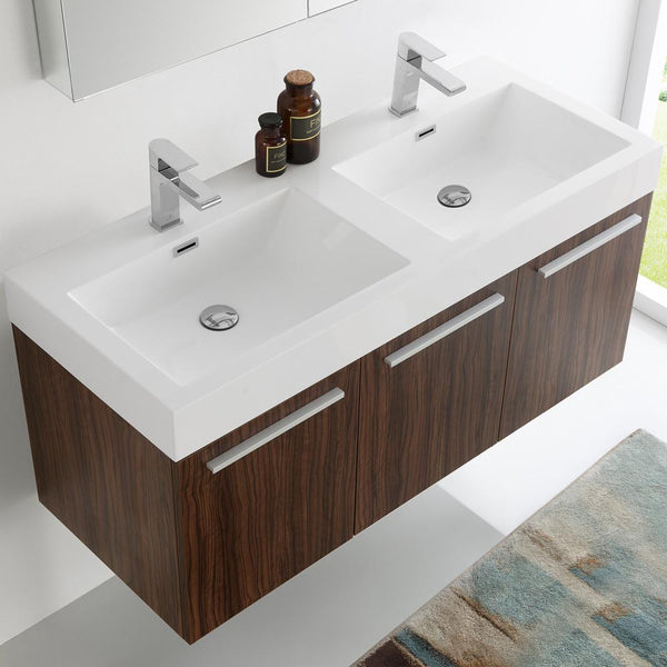 Fresca Vista 48" Walnut Wall Hung Double Sink Modern Bathroom Vanity w/ Medicine Cabinet - Luxe Bathroom Vanities