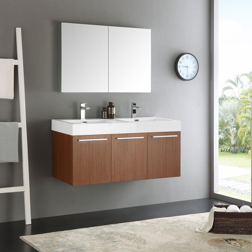 Fresca Vista 48" Teak Wall Hung Double Sink Modern Bathroom Vanity w/ Medicine Cabinet - Luxe Bathroom Vanities