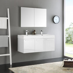 Fresca Vista 48" White Wall Hung Double Sink Modern Bathroom Vanity w/ Medicine Cabinet - Luxe Bathroom Vanities