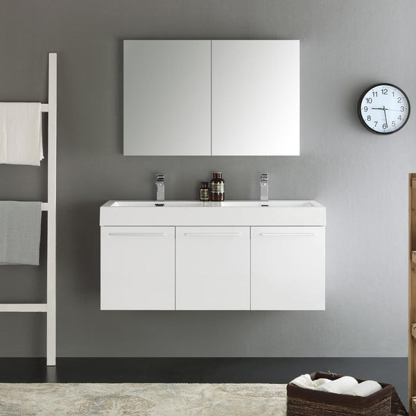 Fresca Vista 48" White Wall Hung Double Sink Modern Bathroom Vanity w/ Medicine Cabinet - Luxe Bathroom Vanities