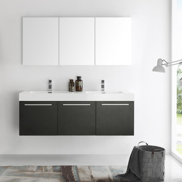 Fresca Vista 60" Black Wall Hung Double Sink Modern Bathroom Vanity w/ Medicine Cabinet - Luxe Bathroom Vanities