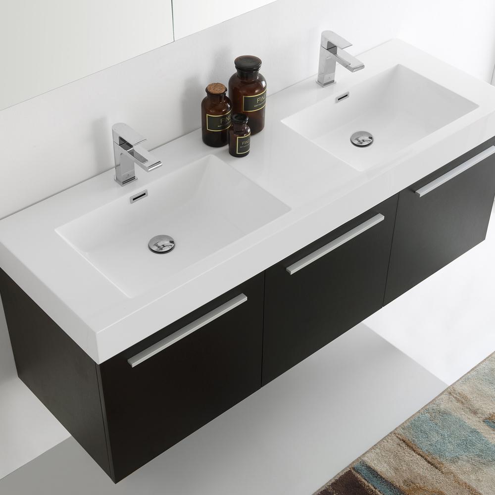 Fresca Vista 60" Black Wall Hung Double Sink Modern Bathroom Vanity w/ Medicine Cabinet - Luxe Bathroom Vanities