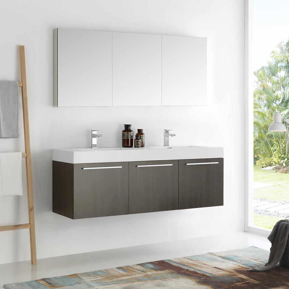 Fresca Vista 60" Gray Oak Wall Hung Double Sink Modern Bathroom Vanity w/ Medicine Cabinet - Luxe Bathroom Vanities