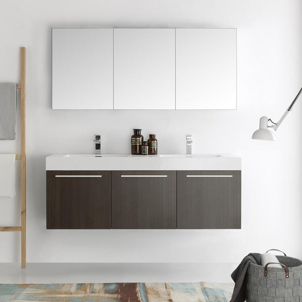 Fresca Vista 60" Gray Oak Wall Hung Double Sink Modern Bathroom Vanity w/ Medicine Cabinet - Luxe Bathroom Vanities