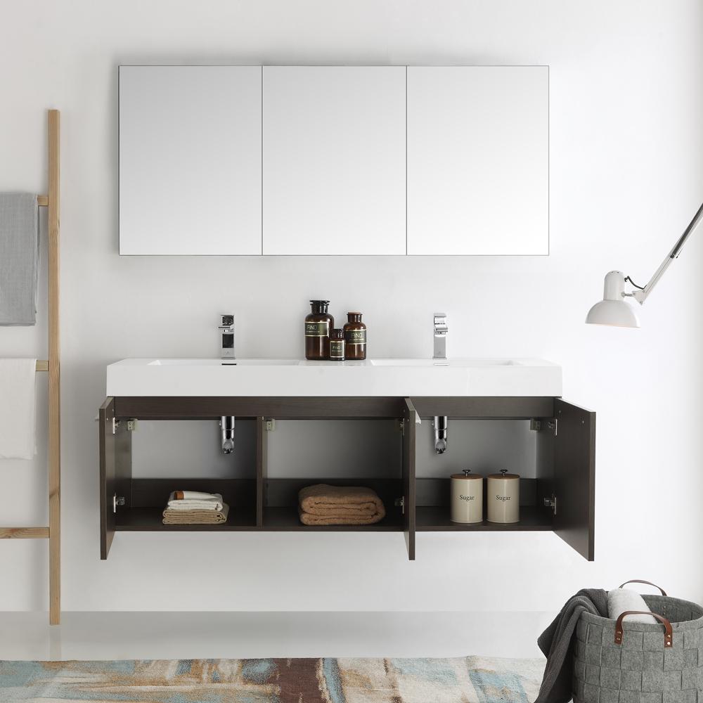 Fresca Vista 60" Gray Oak Wall Hung Double Sink Modern Bathroom Vanity w/ Medicine Cabinet - Luxe Bathroom Vanities