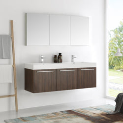 Fresca Vista 60" Walnut Wall Hung Double Sink Modern Bathroom Vanity w/ Medicine Cabinet - Luxe Bathroom Vanities