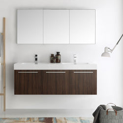 Fresca Vista 60" Walnut Wall Hung Double Sink Modern Bathroom Vanity w/ Medicine Cabinet - Luxe Bathroom Vanities