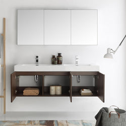 Fresca Vista 60" Walnut Wall Hung Double Sink Modern Bathroom Vanity w/ Medicine Cabinet - Luxe Bathroom Vanities