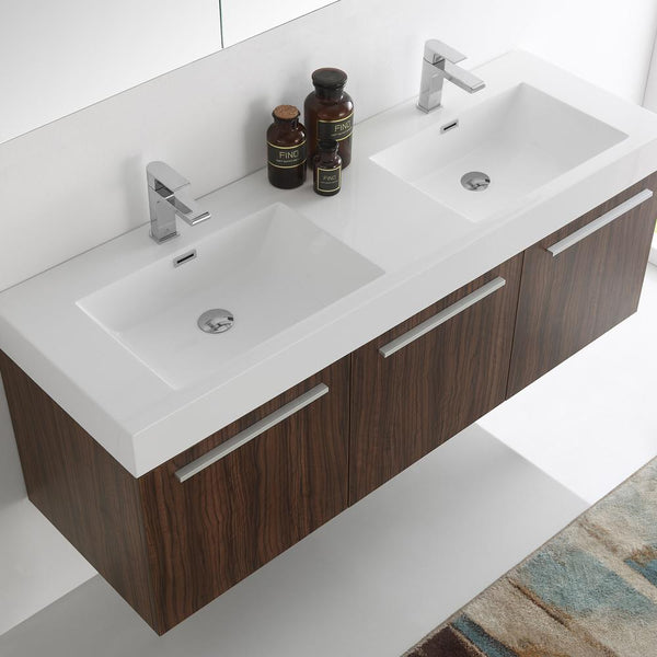 Fresca Vista 60" Walnut Wall Hung Double Sink Modern Bathroom Vanity w/ Medicine Cabinet - Luxe Bathroom Vanities