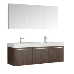 Fresca Vista 60" Walnut Wall Hung Double Sink Modern Bathroom Vanity w/ Medicine Cabinet - Luxe Bathroom Vanities