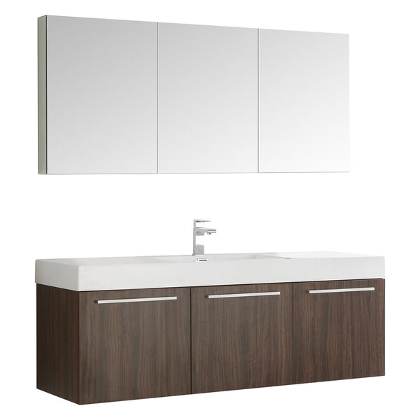 Fresca Vista 60" Walnut Wall Hung Single Sink Modern Bathroom Vanity w/ Medicine Cabinet - Luxe Bathroom Vanities
