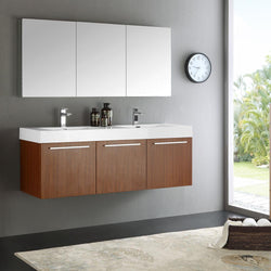 Fresca Vista 60" Teak Wall Hung Double Sink Modern Bathroom Vanity w/ Medicine Cabinet - Luxe Bathroom Vanities