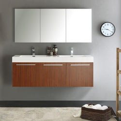 Fresca Vista 60" Teak Wall Hung Double Sink Modern Bathroom Vanity w/ Medicine Cabinet - Luxe Bathroom Vanities