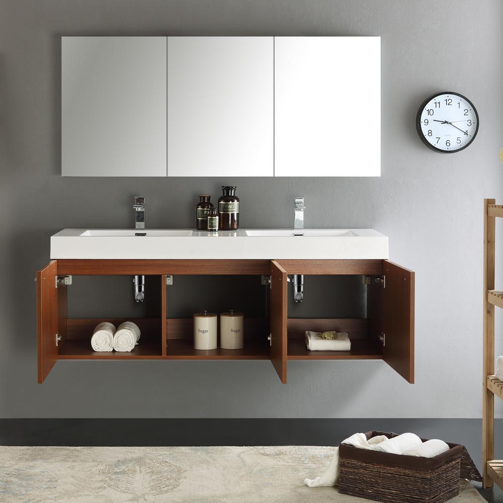 Fresca Vista 60" Teak Wall Hung Double Sink Modern Bathroom Vanity w/ Medicine Cabinet - Luxe Bathroom Vanities