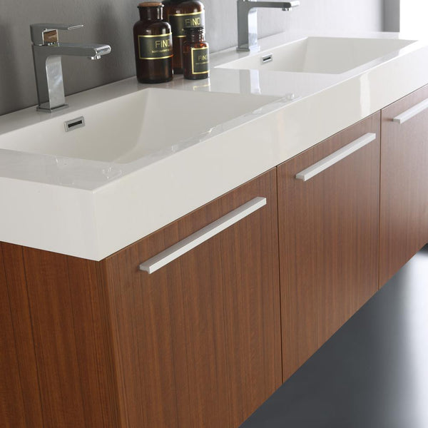 Fresca Vista 60" Teak Wall Hung Double Sink Modern Bathroom Vanity w/ Medicine Cabinet - Luxe Bathroom Vanities