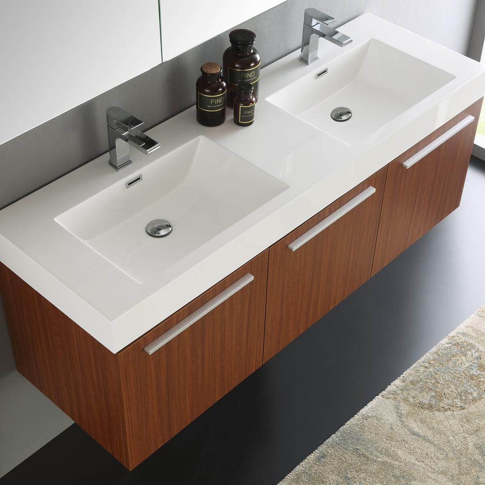 Fresca Vista 60" Teak Wall Hung Double Sink Modern Bathroom Vanity w/ Medicine Cabinet - Luxe Bathroom Vanities