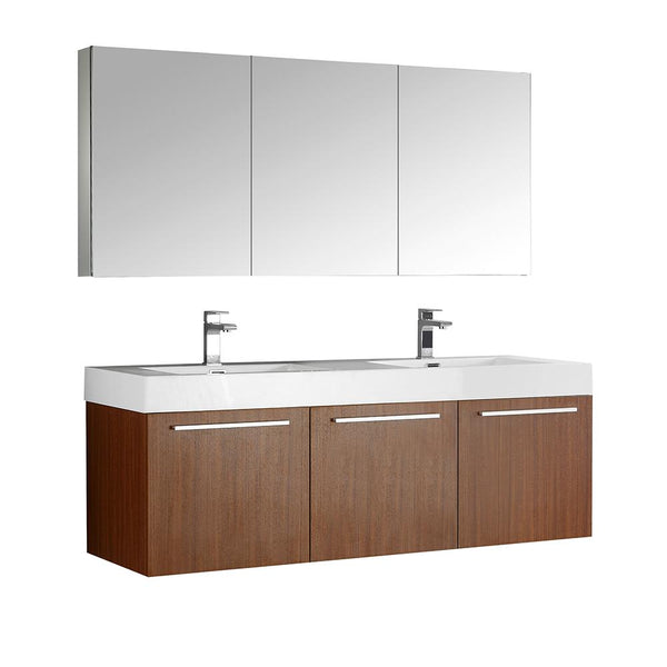 Fresca Vista 60" Teak Wall Hung Double Sink Modern Bathroom Vanity w/ Medicine Cabinet - Luxe Bathroom Vanities